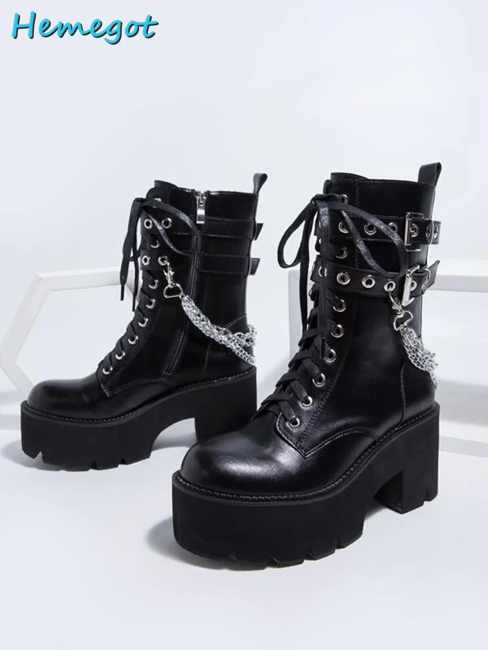 

Metal Buckle Chain Ankle Boots Front Lace Up Thick Bottom Block Chunky Heel Round Toe PU Leather Black Solid Women Shoes Winter