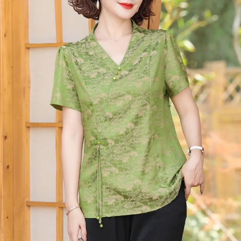 Women's Green Chinese Style Landscape Print Blouse V-Neck Short Sleeve Frog Button Cheongsam-Inspired Top
