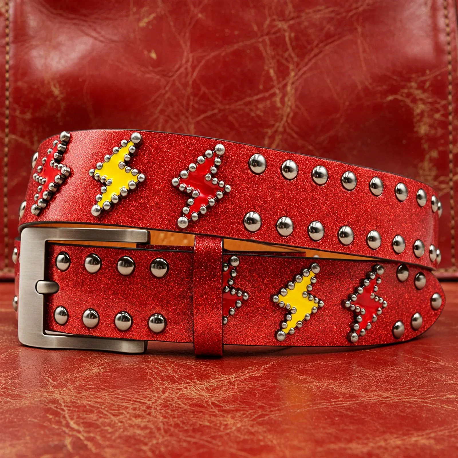 Multicolor Lightning Patch Rivet Studded Belt Crocodile Texture Leather Wide Waist Belt Punk Hip Hop Costume Accessory