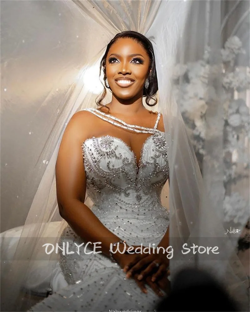 Glitter Beaded Mermaid Wedding Gowns 2024 Straps With Big Cape Beading Crystals Bridal Gowns Robe De Mariee Custom-Made