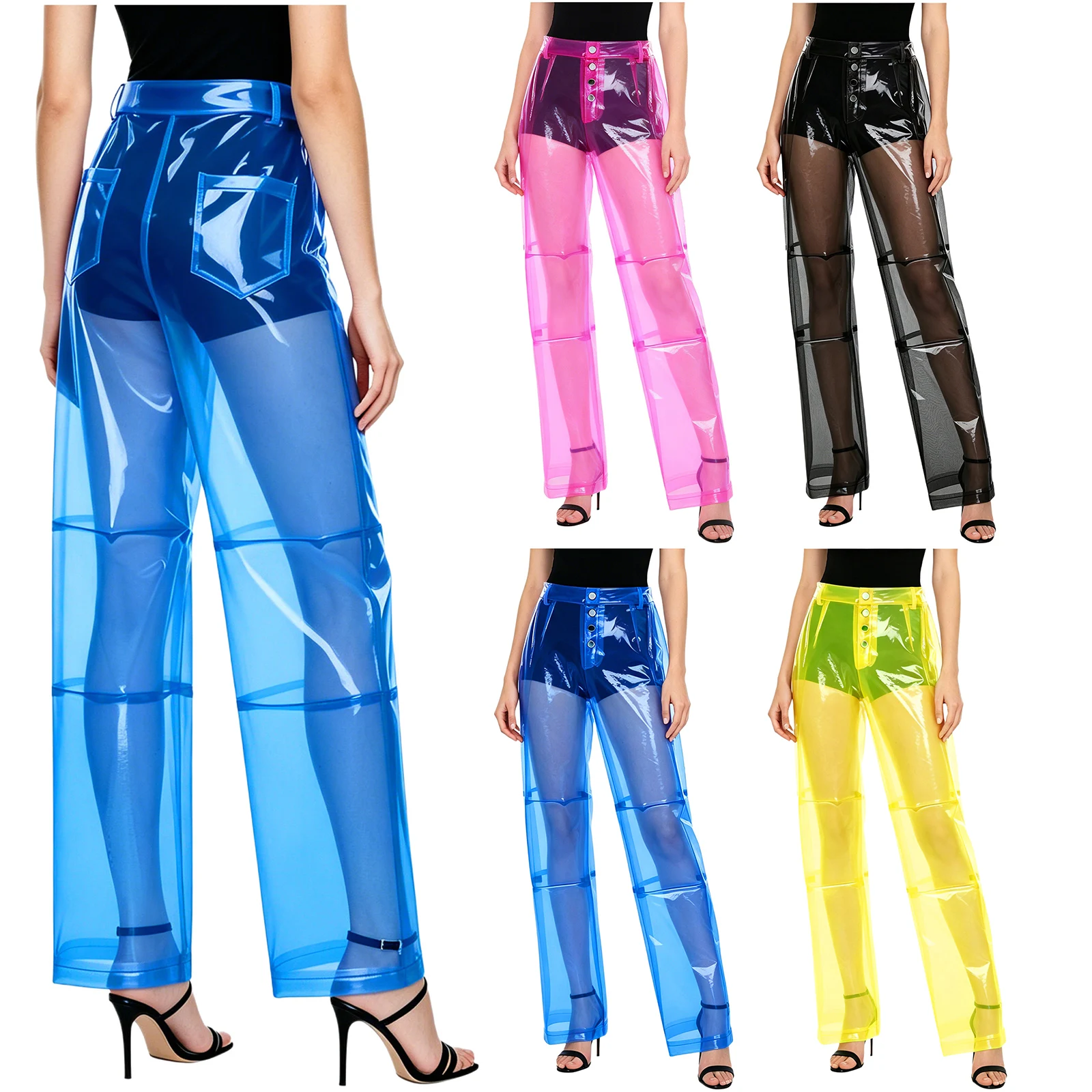 Women See Through Pvc Bodycon Skirt High Waist Press Buttons Pencil Midi Cover Up Skirt for Clubwear Pole Dancing Prom Pants - view 5