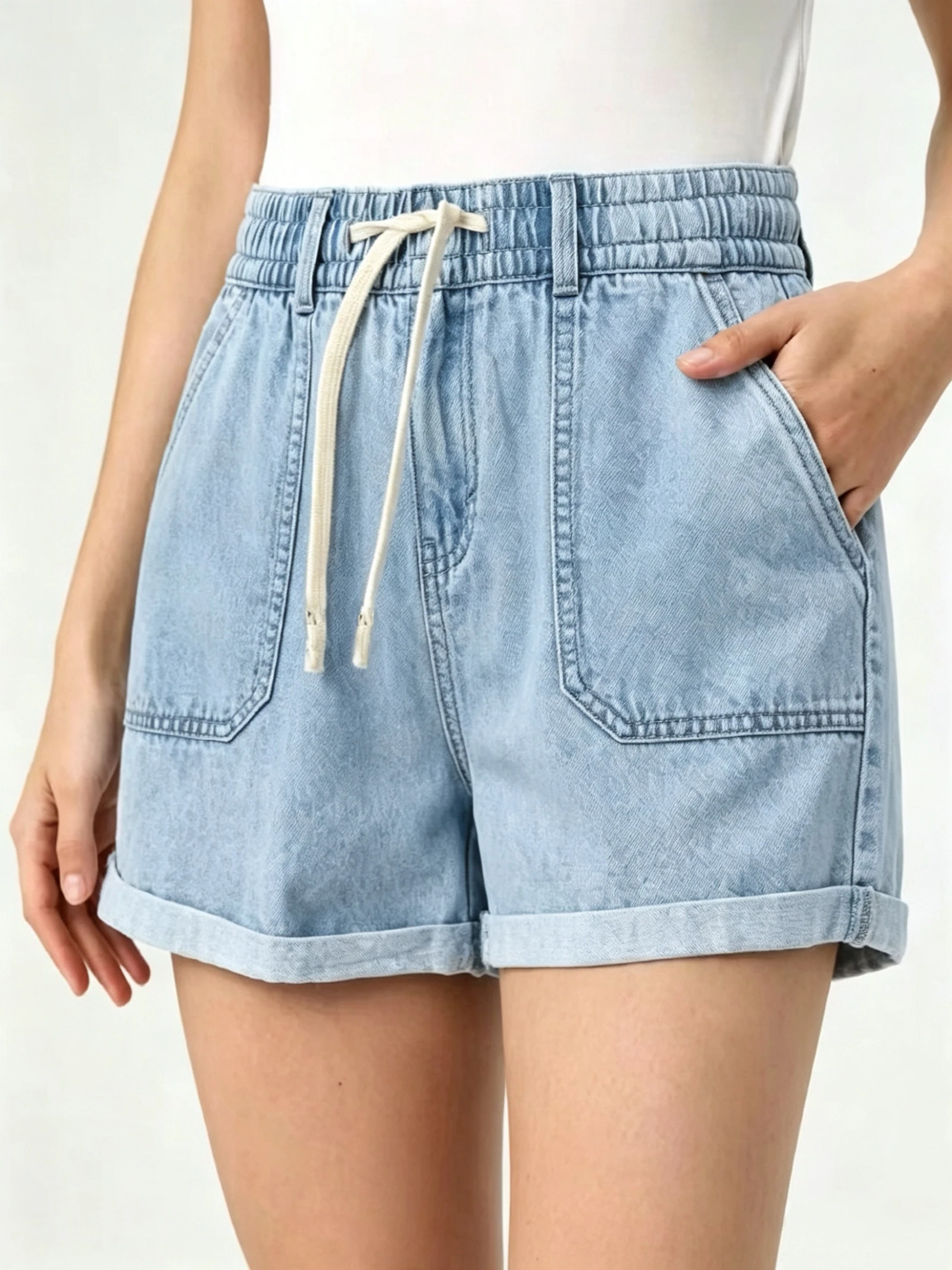 

Summer Light Blue Elastic Waist Drawstring Denim Shorts Women Loose Casual Cuffed Jeans