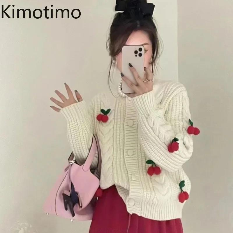 Kimotimo Kawaii 3D Cherry Cropped Cardigan Womem Autumn Winter Loose Lazy Knitted Tops Korean Gentle Sweet Twisted Sweater Coat