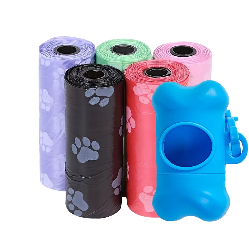 Pet Poop Bags Disposable Dog Waste Bags, Bulk Poop Bags with Leash Clip and Bone Bag Dispenser 5Roll(75Pcs) Bags with Paw Prints