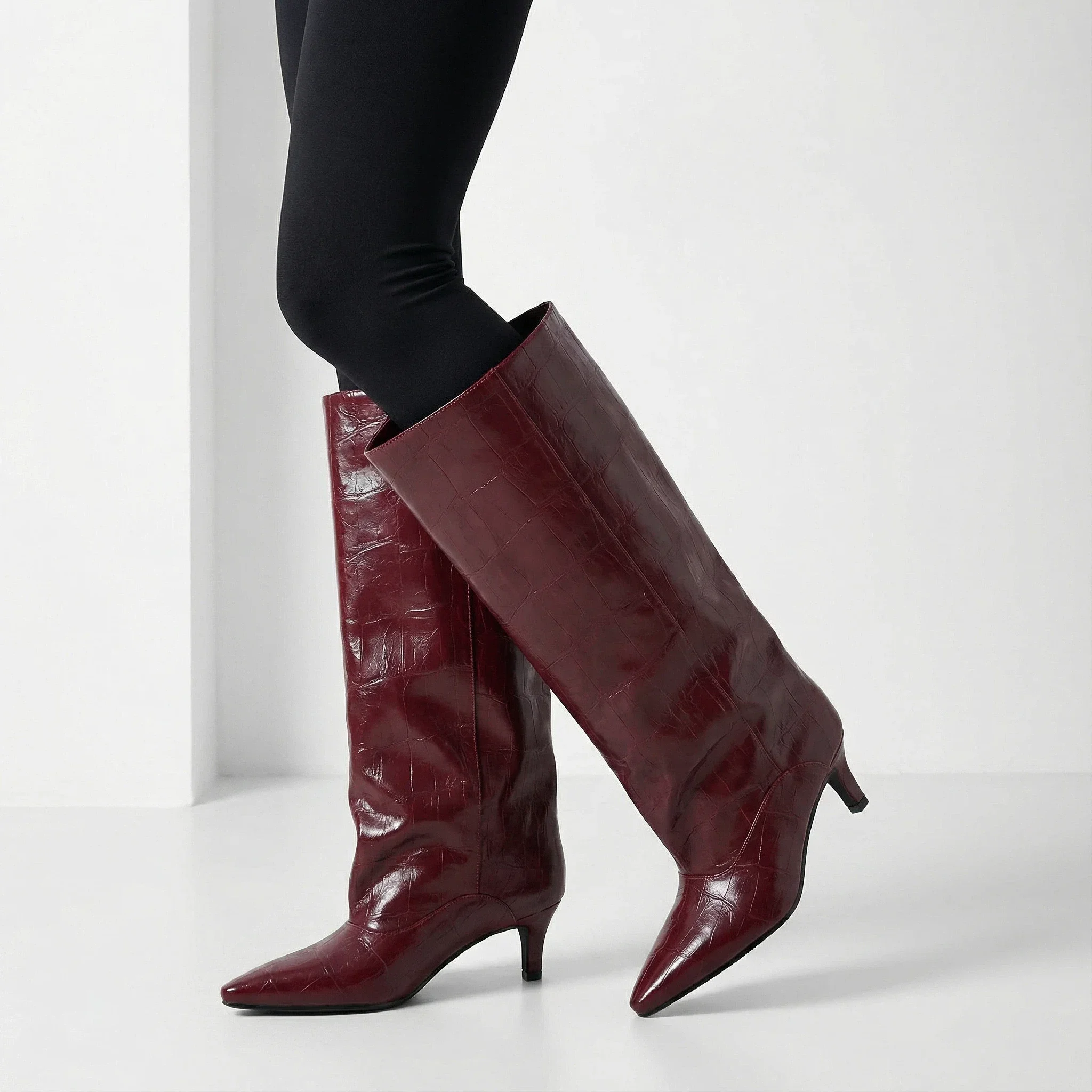 Women's Shoes 2027 Crocodile-Embossed Leather Knee-High Boots, Pointed Toe Kitten Heel, Elegant Tall Designer Boot, Comfort