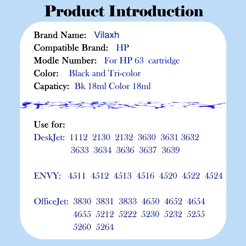 Vilaxh 63XL Cartridge Compatible forHP63 XL Ink Cartridge hp63 for Deskjet 1112 2130 2131 2132 3630 4654 5222 5230 printer