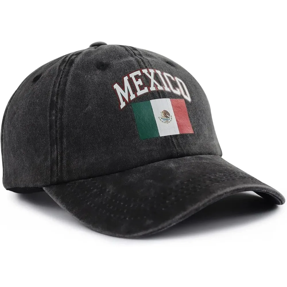 Mexico Flag Hat for Men Women, Print Adjustable Cotton Washed Mexican Patriotic Baseball Cap