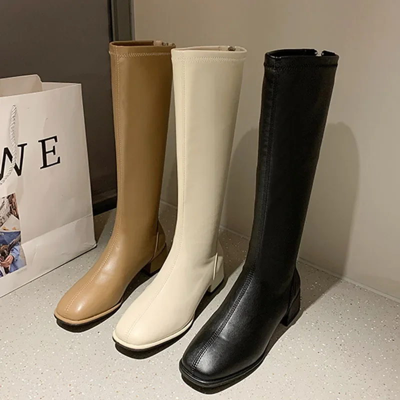 Comemore Large Size 43 Thick Low Heel Knight Knee Boots Women Elegant Shoes Plush White Autumn Winter 2023 New Leather Long Boot