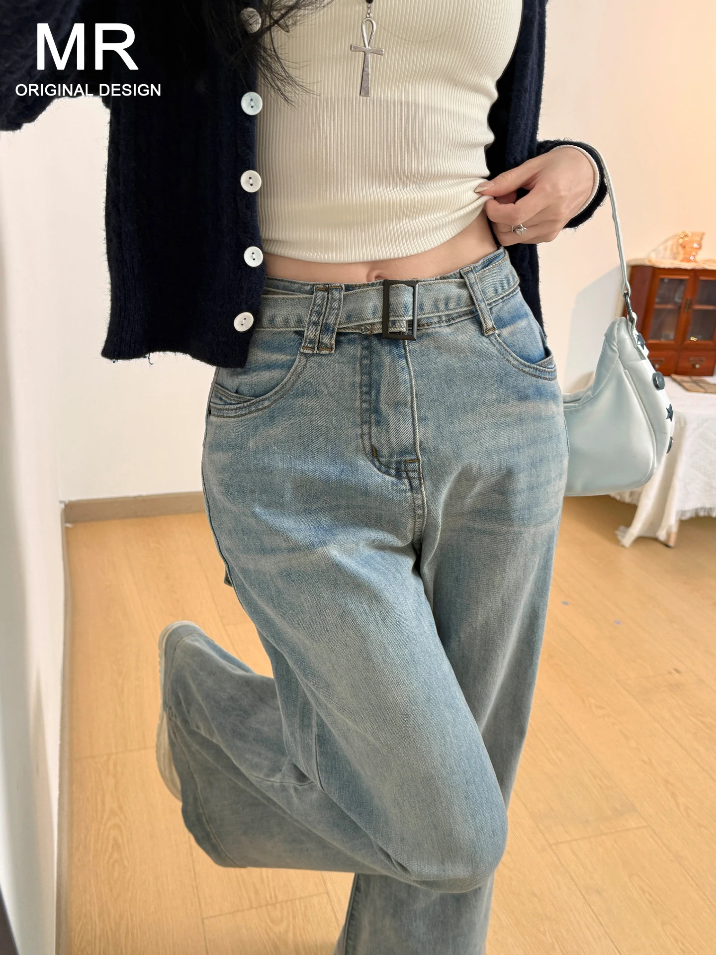 

Джинсы-клеш с высокой талией, женские, светло-голубые, винтажные, с эффектом потертости, утягивающие, в американском стиле, для весны и лета