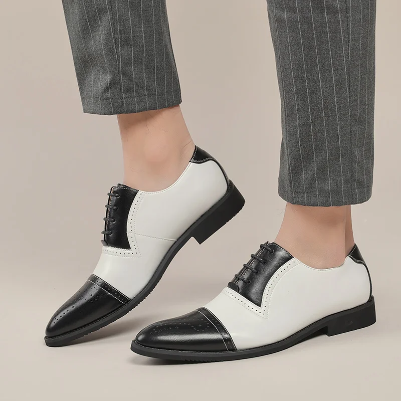Men Business Block Shoes Lacquer Leather Splicing Lace Fashion Pointed Print Formal Shoes British Social Shoes 38-46 Men Shoes