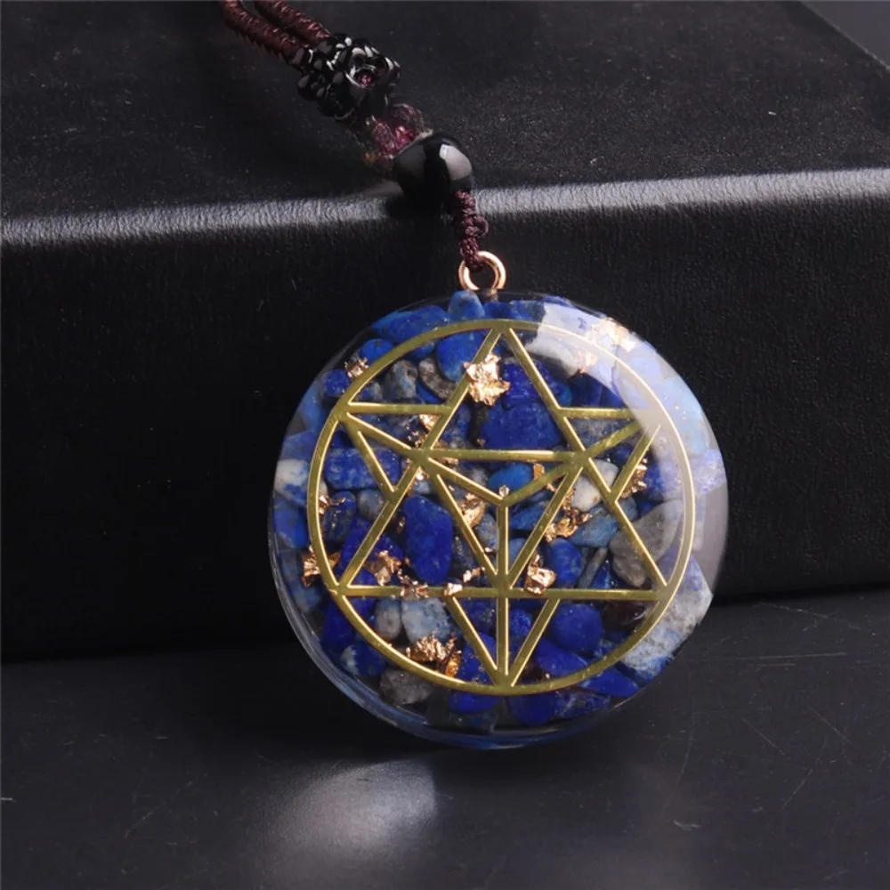 

Healing Lapis Lazuli Chip Stones Crystal Merkaba Hexagram Orgonite Pendant with Gold Foil Mental Relaxation Sacred Geometry