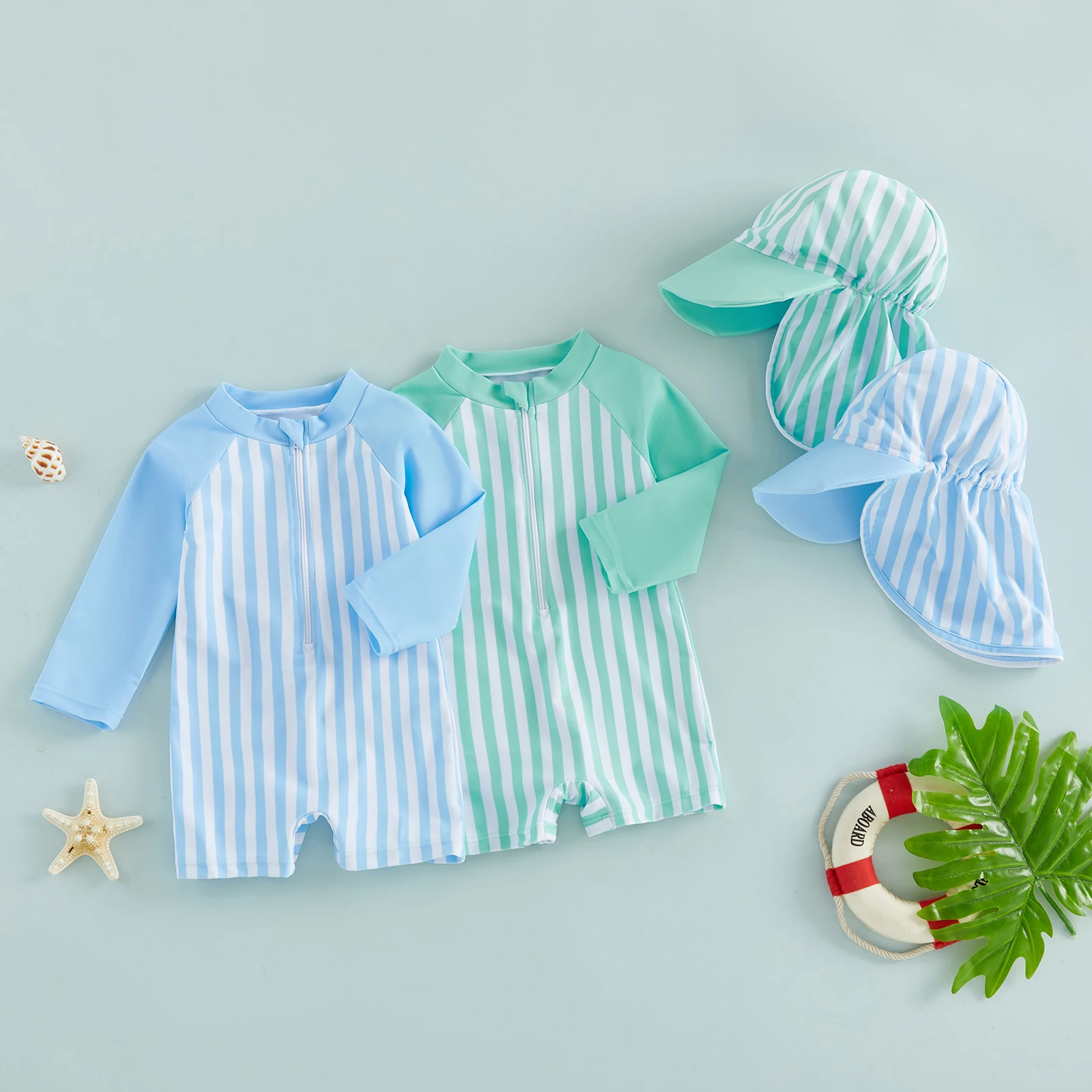 Tregren 0-24M Infant Baby Boys Rash Guard Swimsuit Playsuits Stripe Print Long Sleeve Toddler Swimwear Bathing Suit with Sun Hat