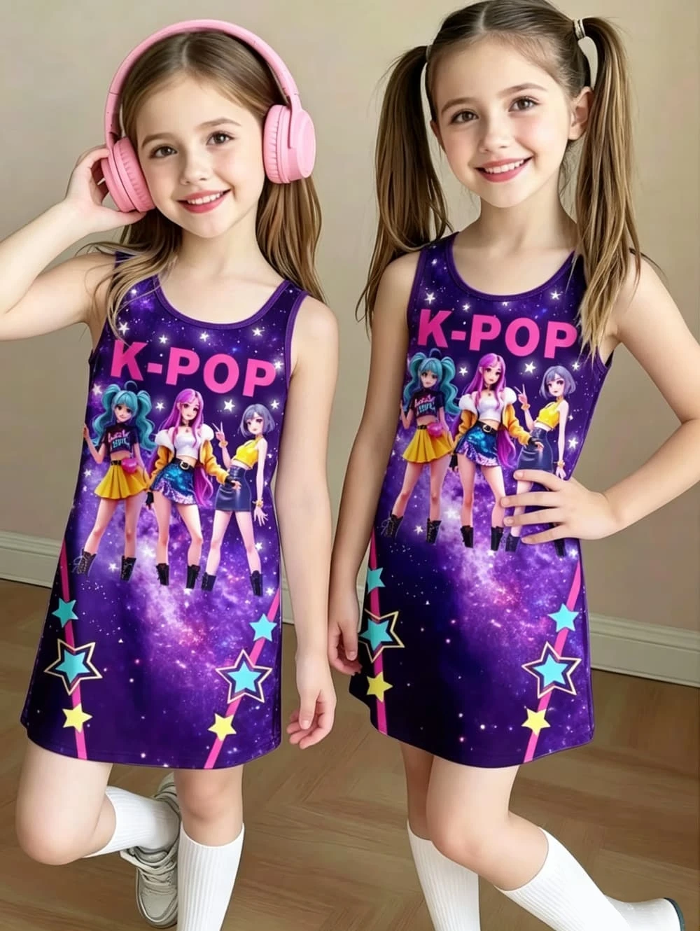 Платье для девочек в стиле K-pop с мультяшным принтом, забавный подарок для фанатов, одежда в стиле Харадзюку, летние топы, платье-жилет без рукавов, детская одежда.