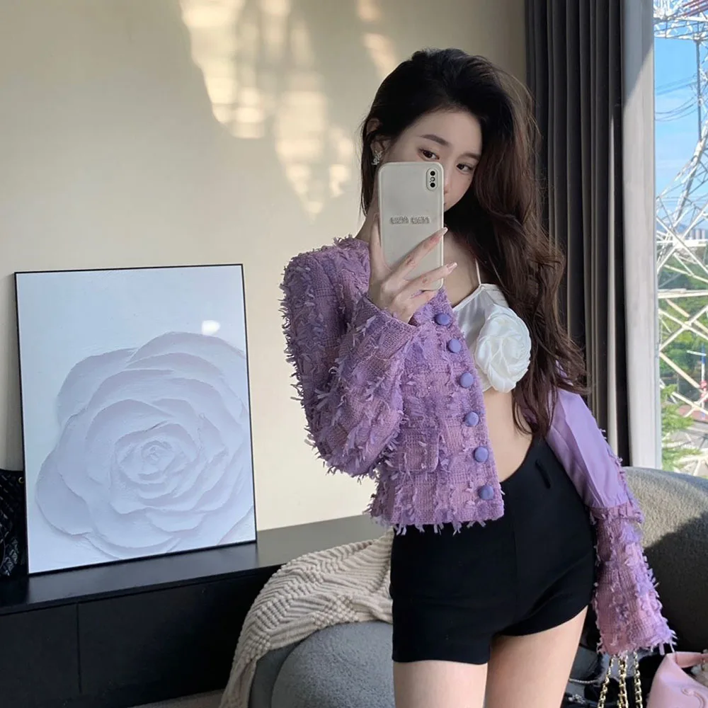 Autumn Winter Tweed Jacket Womens Purple Elegant Small Fragrance Wind Woolen Blends Coat 2024 Office Lady Fashion Korean Outwear