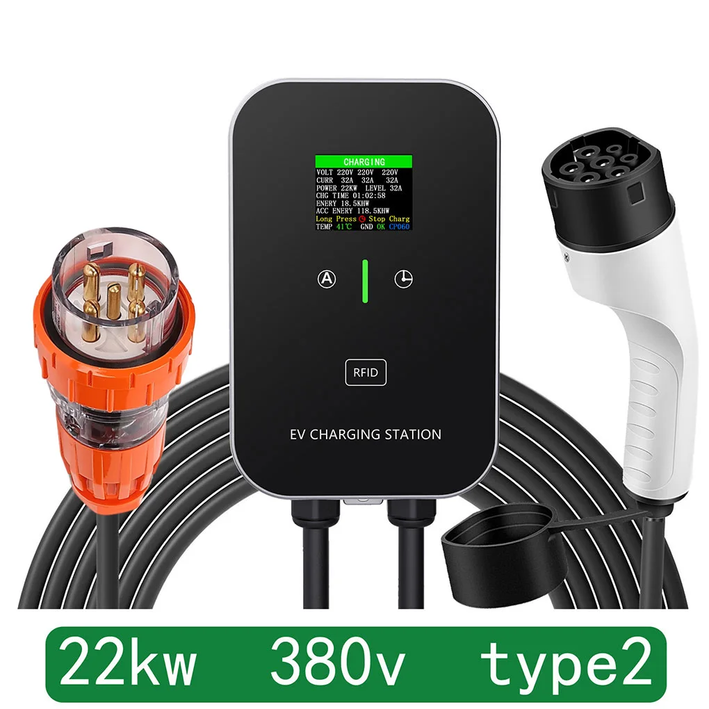 

5M 32A 22KW Type-2 EV Charger Station Color screen card version Home Wallbox EV Home Wallbox With AU CEE 5PIN Plug