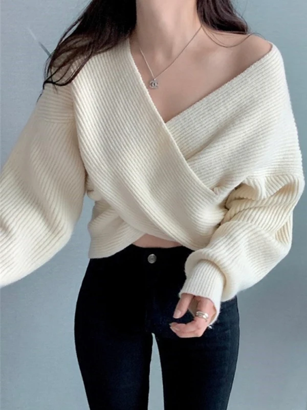 

Женский вязаный свитер с V-образным вырезом и дизайном на одно плечо, осенне-зимний, в корейском стиле, топ-база...