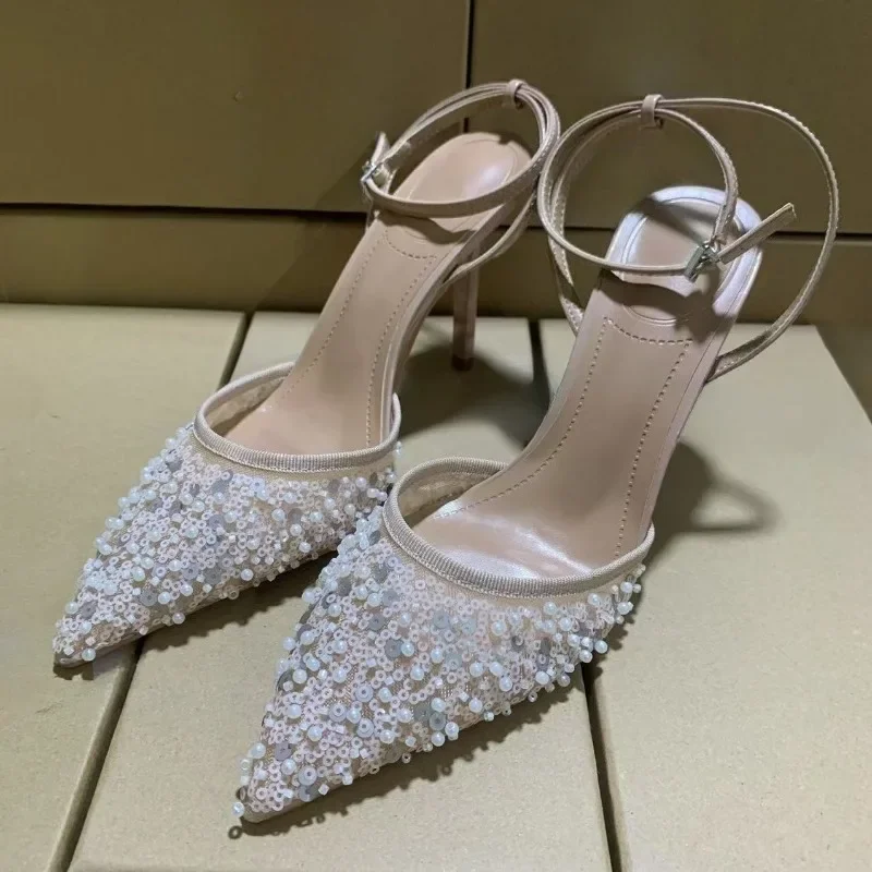 

Женские летние сандалии с блестками и жемчугом, 2022, пикантные женские дизайнерские туфли с ремешком на щиколотке, роскошные блестящие вечерние свадебные туфли на высоком каблуке