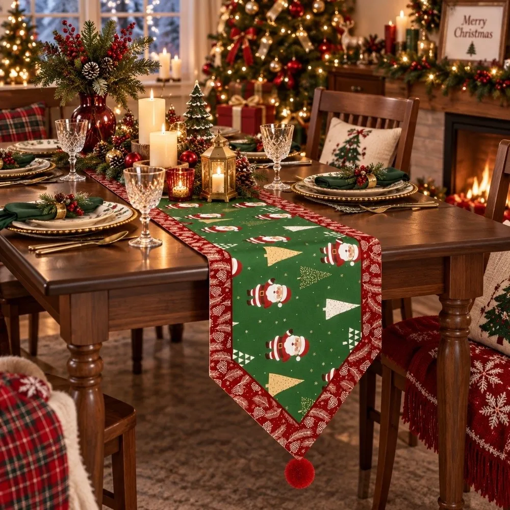 Gift Desk Decor Christmas Table Runner Santa Claus with Tassel Christmas Table Flag Stripe Grid Tree Xmas Tablecloth Festival