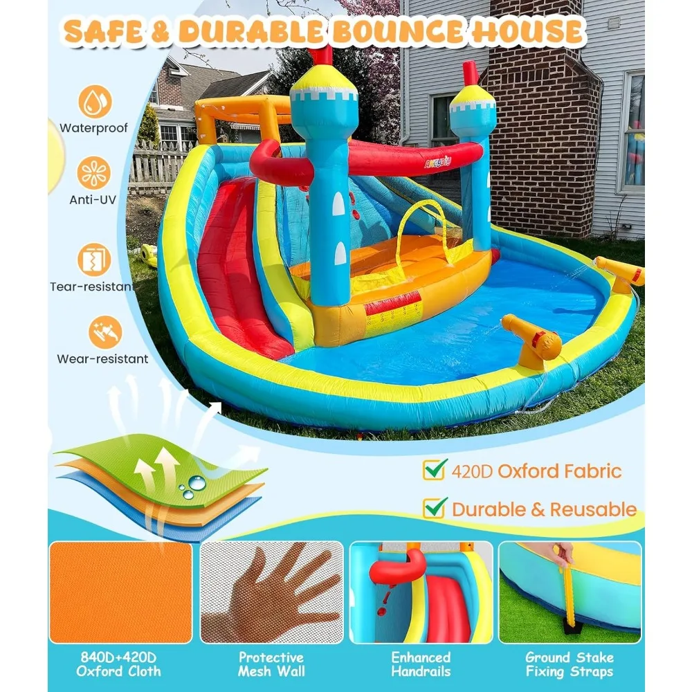 Whubefy 14.1x13.8Ft Rumah Bouncing Seluncuran Air Tiup untuk Anak-anak, Rumah Goyang Seluncuran Air Tiup Kastil Lompat dengan 2 Seluncuran