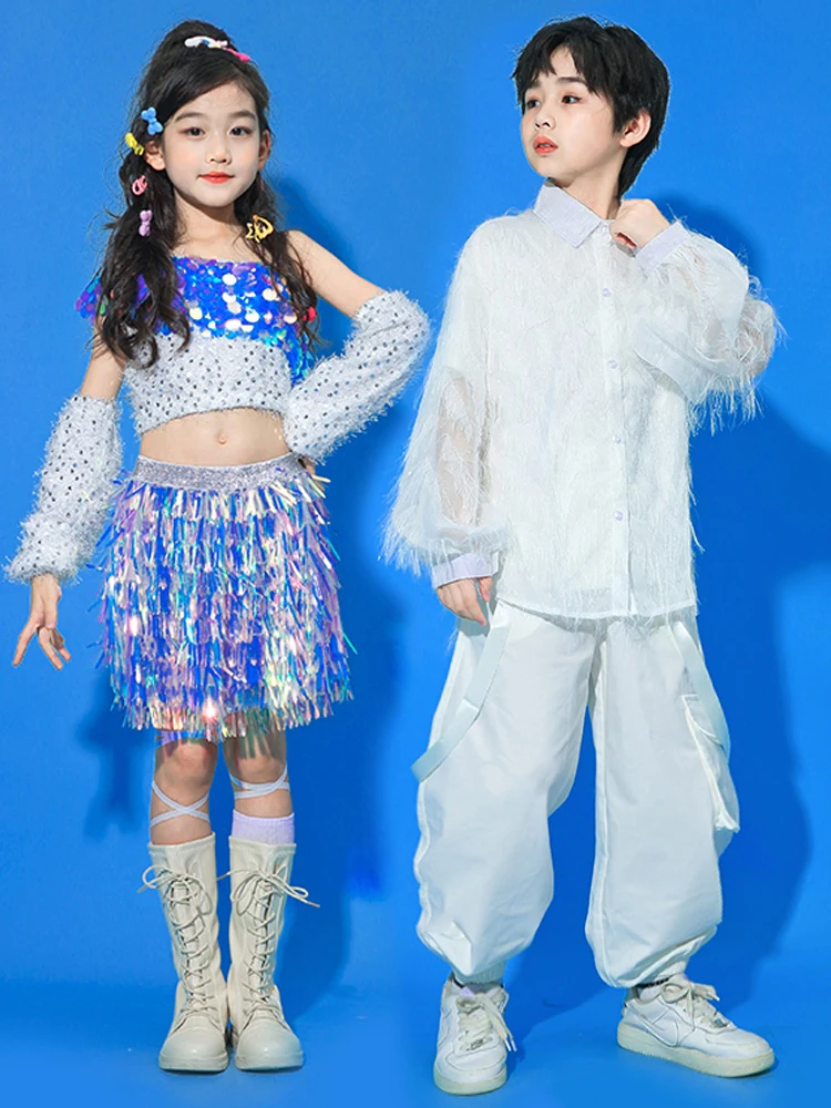 Kid Jazz Dance Performance Outfits Shiny Fashionable Hip Hop Street Dance Children Wear Girl Group Fashion Show White Set VBH670