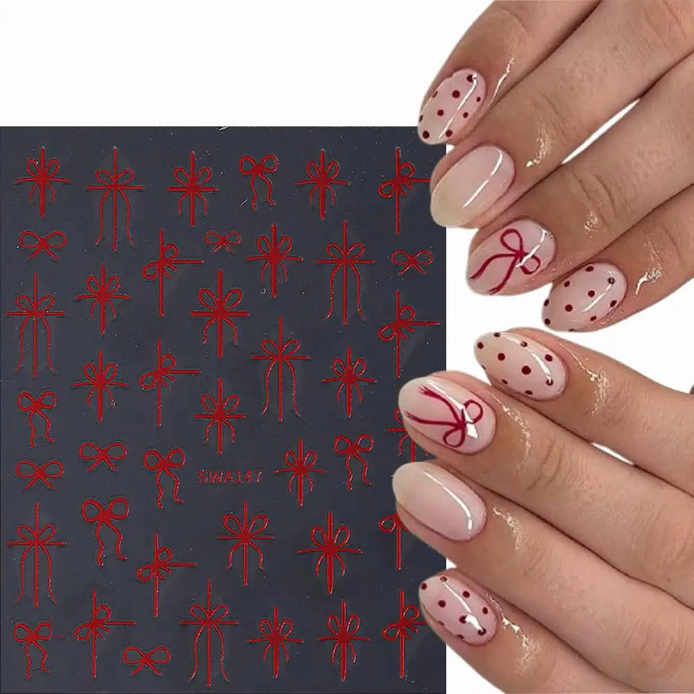 2/3枚入り 赤緑金リボンネイルアートステッカー フレンチボウノット セルフ接着ネイルデカール 新年ギフト ボウマニキュアデコレーション