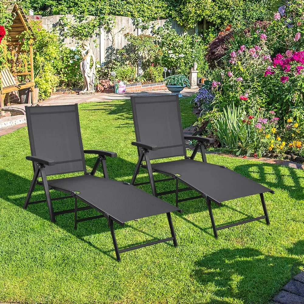 

Outdoor Folding Chaise Lounge Set of 2 Patio Reclining Chairs w/Adjustable 7-Position Back for Beach Pool Garden Yard