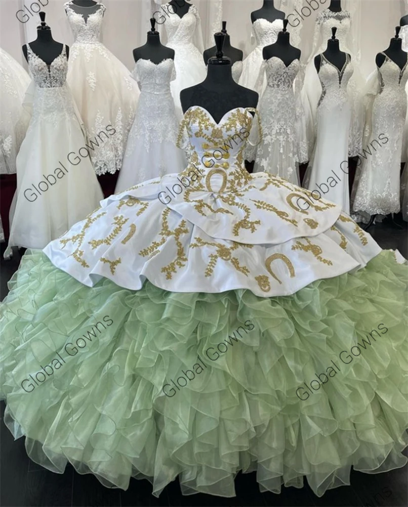 Vestido De baile De quinceañera con volantes, verde De México, apliques, largo, escalonado, fiesta De cumpleaños, 15 Años