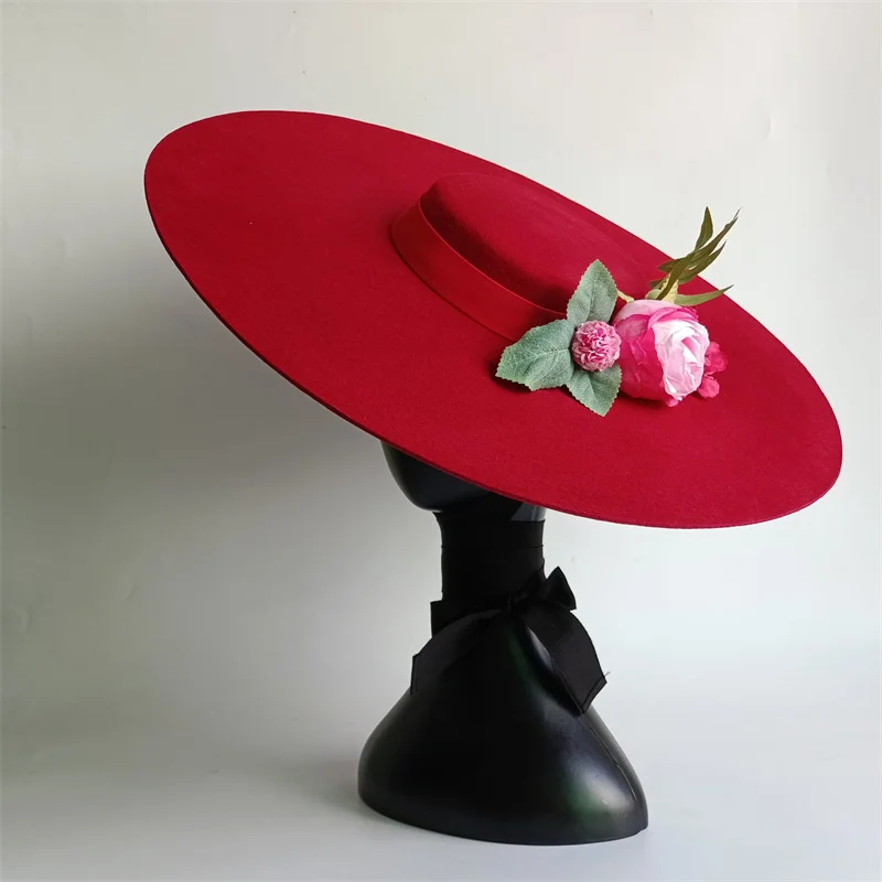 Wool Hat Simulation Flower Detachable Flat Top Formal Red Women Fedora Stage Performance Felt Hat Winter Bandage Lady Fashion