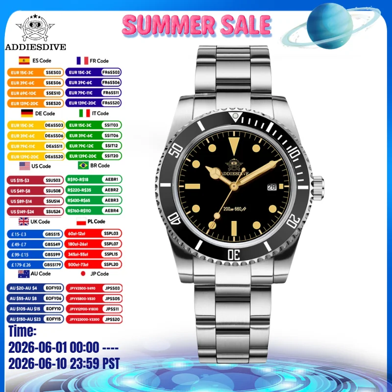 

ADDIESDIVE 39mm Hot Watch For Men Display Calendar C3 Green Luminous 20Bar Waterproof Quartz Dive Watch
