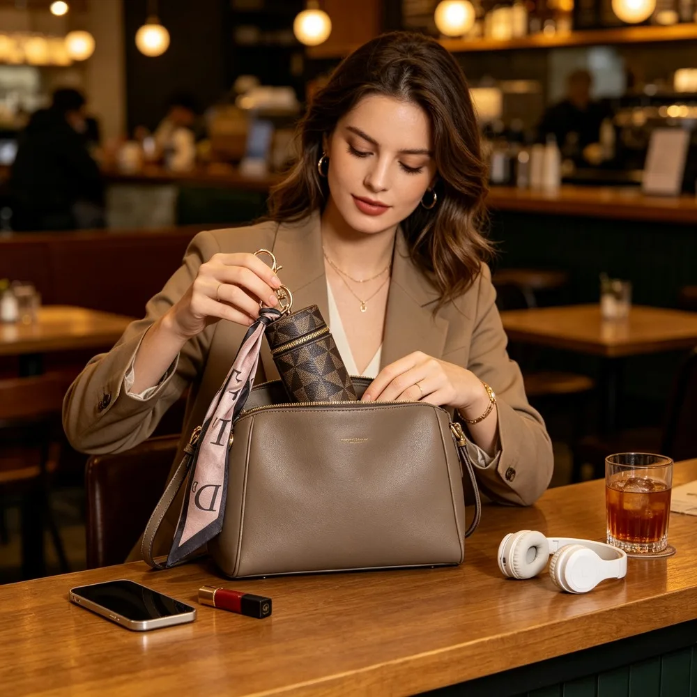 Elegant Silk Scarf Decor Mini Cylinder Pouch, 1 Pack, Mud Color, 10*5cm, PU Leather Earbud Case & Lipstick Purse with Detachable Key Hook
