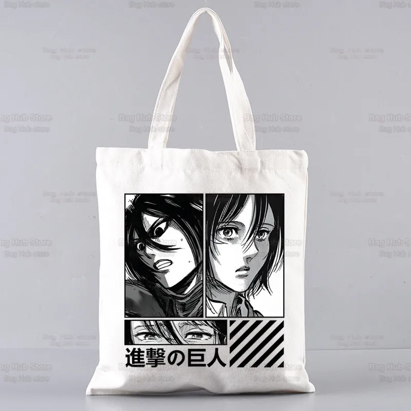 โจมตีบน Titan Mikasa Eren yeager กระเป๋าช้อปปิ้งกระเป๋าถือจ่ายตลาด bolsas de Tela เสรีภาพ shingeki NO kyojin ถุงช้อปปิ้งปอกระเจา