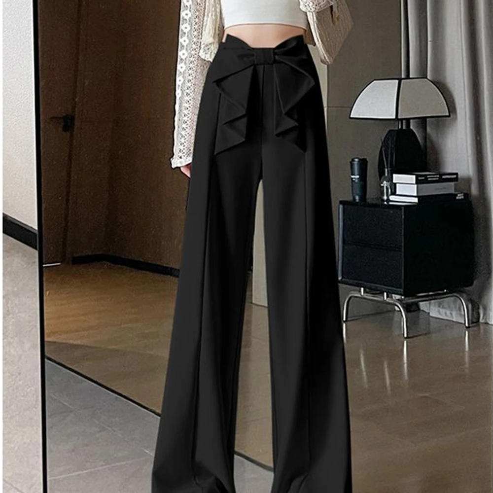 2025 summer breathable high-waisted bow straight wide-leg pants women's narrow version  high casual trousers