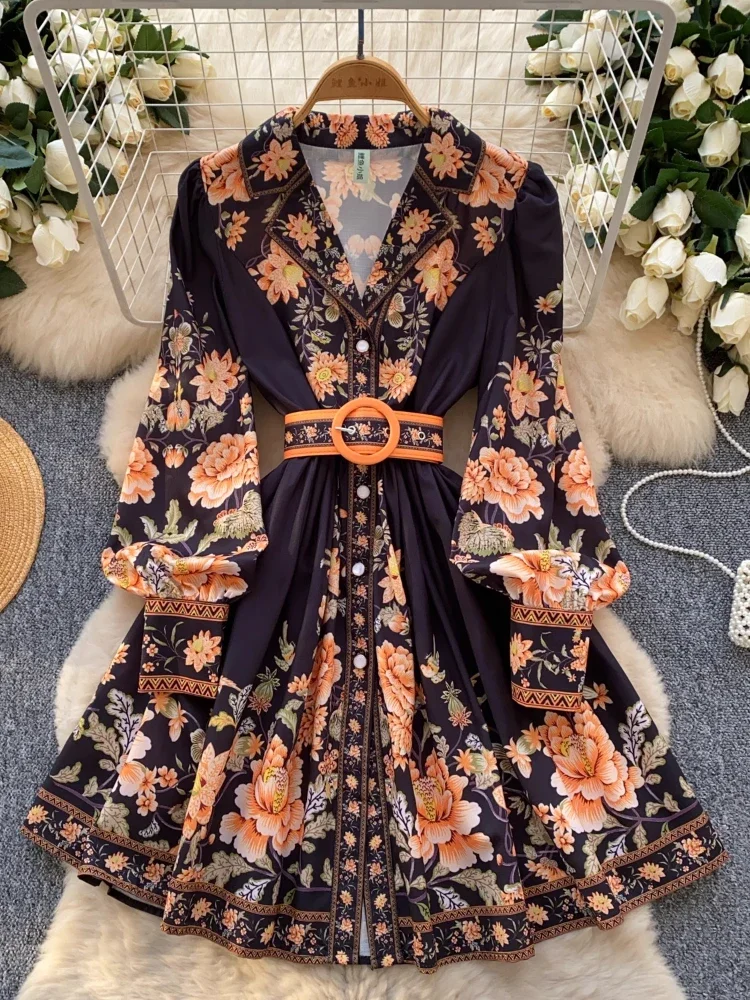 Spring France Elegant Vintage Palace Evening Dress Women Print Sashes  Button Short Party Dress Female Casual Festival Clothing - AliExpress  200000345
