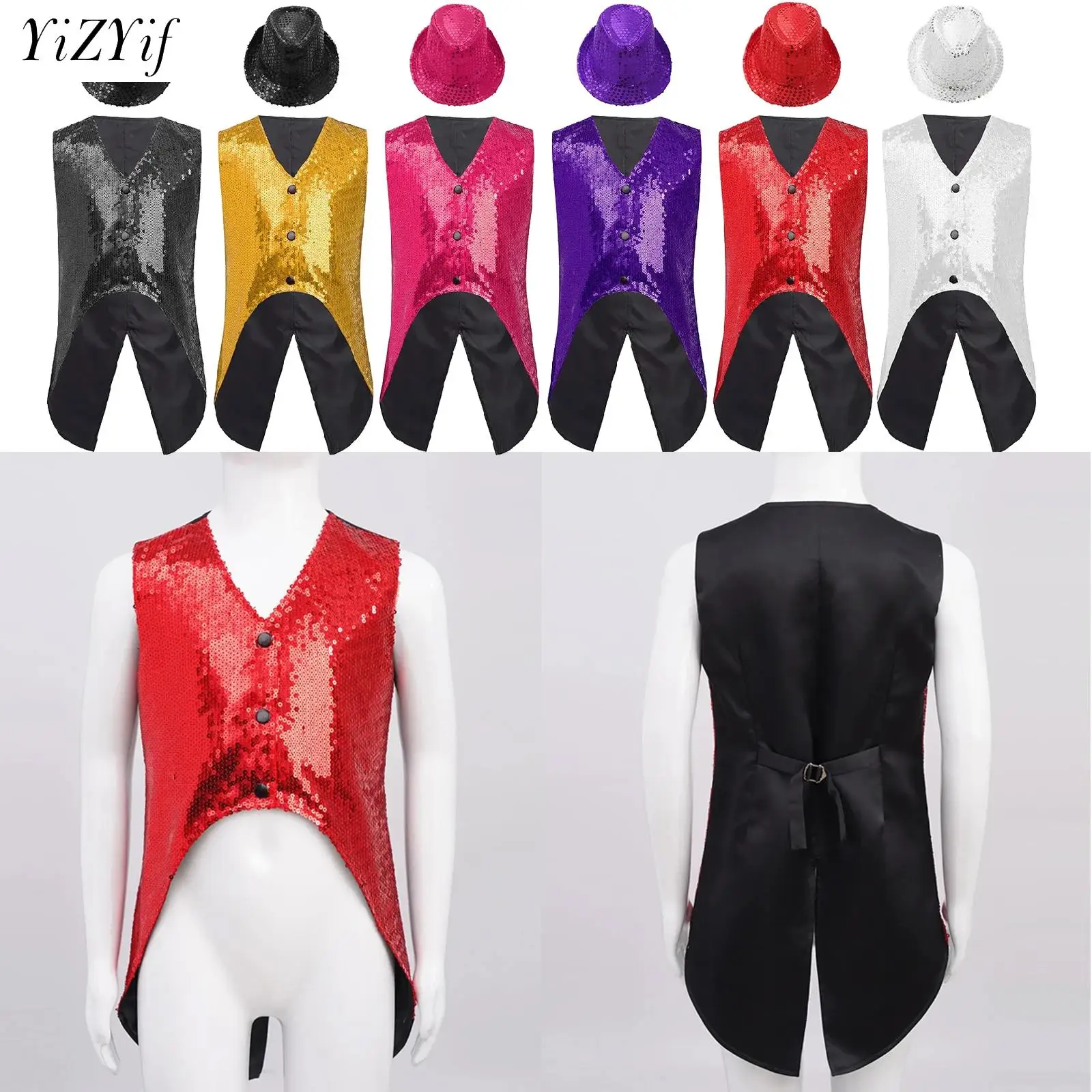Girls Boys Hip Hop Jazz Street Dance Costume Shiny Sequin Asymmetrical Hem Waistcoat Vest with Hat Party Stage Performance Wear