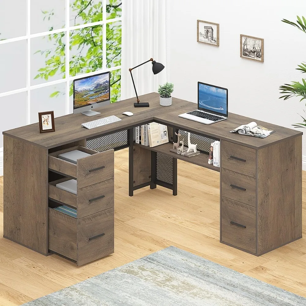 

Large L Shaped Home Office Desk with Drawers, Rustic L-shaped Computer Desk with Storage File Cabinet Shelves