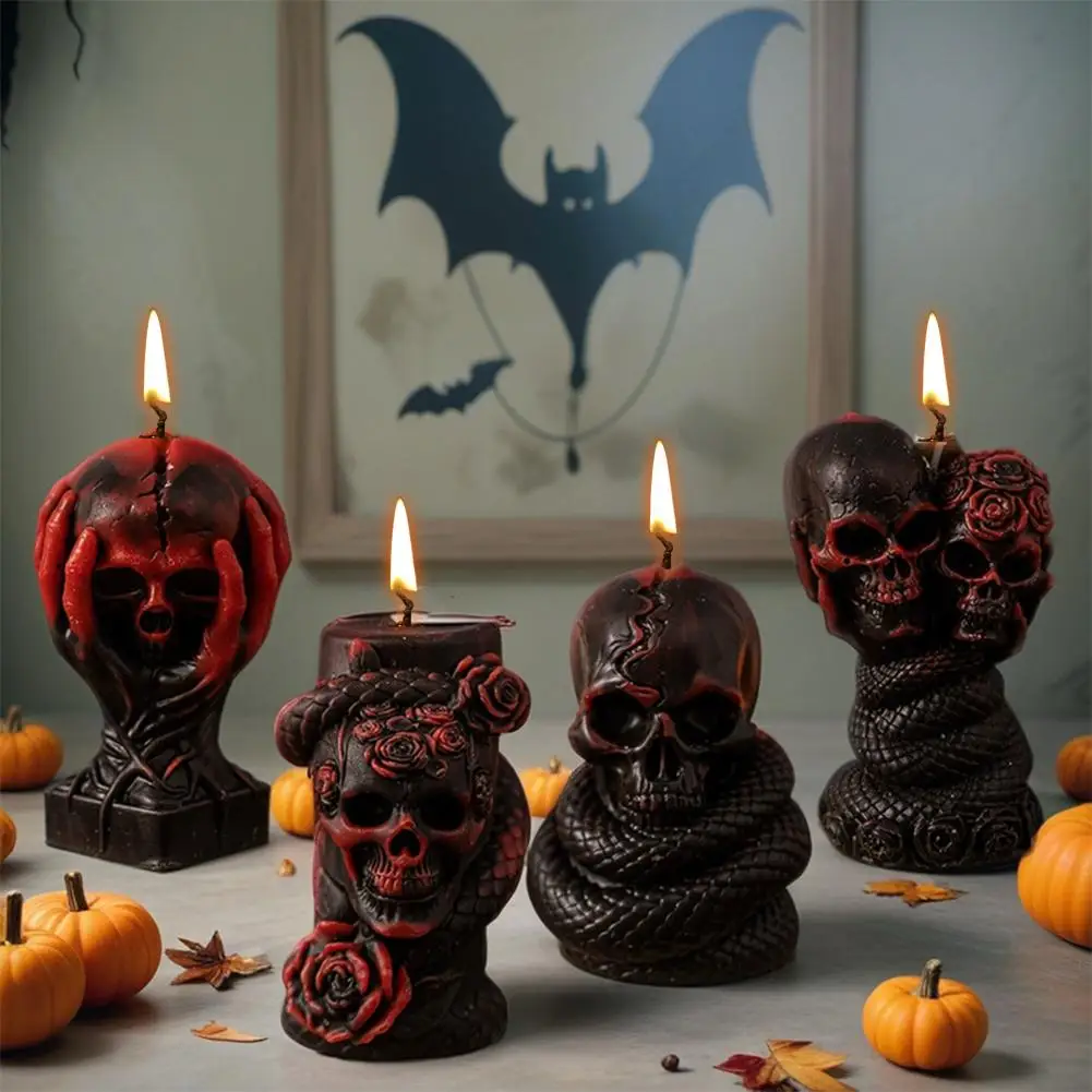 Candela profumata in cera con pilastro di teschio di Halloween, ornamento per candela gotica scura