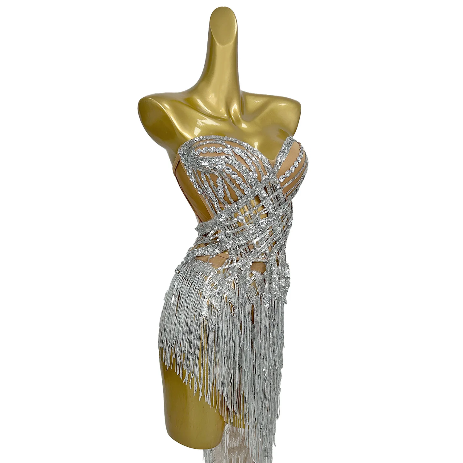 Sexy Women Sparkly Rhinestone Strapless Crop Tops Mini Skirt 2Pieces Set Nightclub Party Hot Girls Dance Tassel Mini Dress Set
