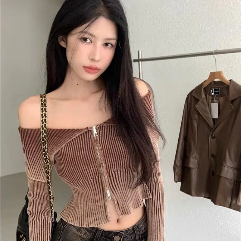 

Deeptown Vintage Sexy Off Shoulder Women Cropped Knitted Cardigan Slash Neck Solid Color Slim Zipper Sweaters Gyaru Autumn New