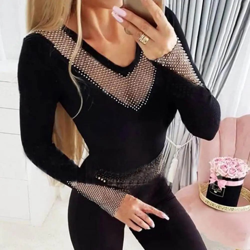 Blusa de strass em malha para mulheres, coração oco, tops de retalhos de veludo, camiseta slim fit, blusas sexy, camisola com o pescoço, primavera e outono