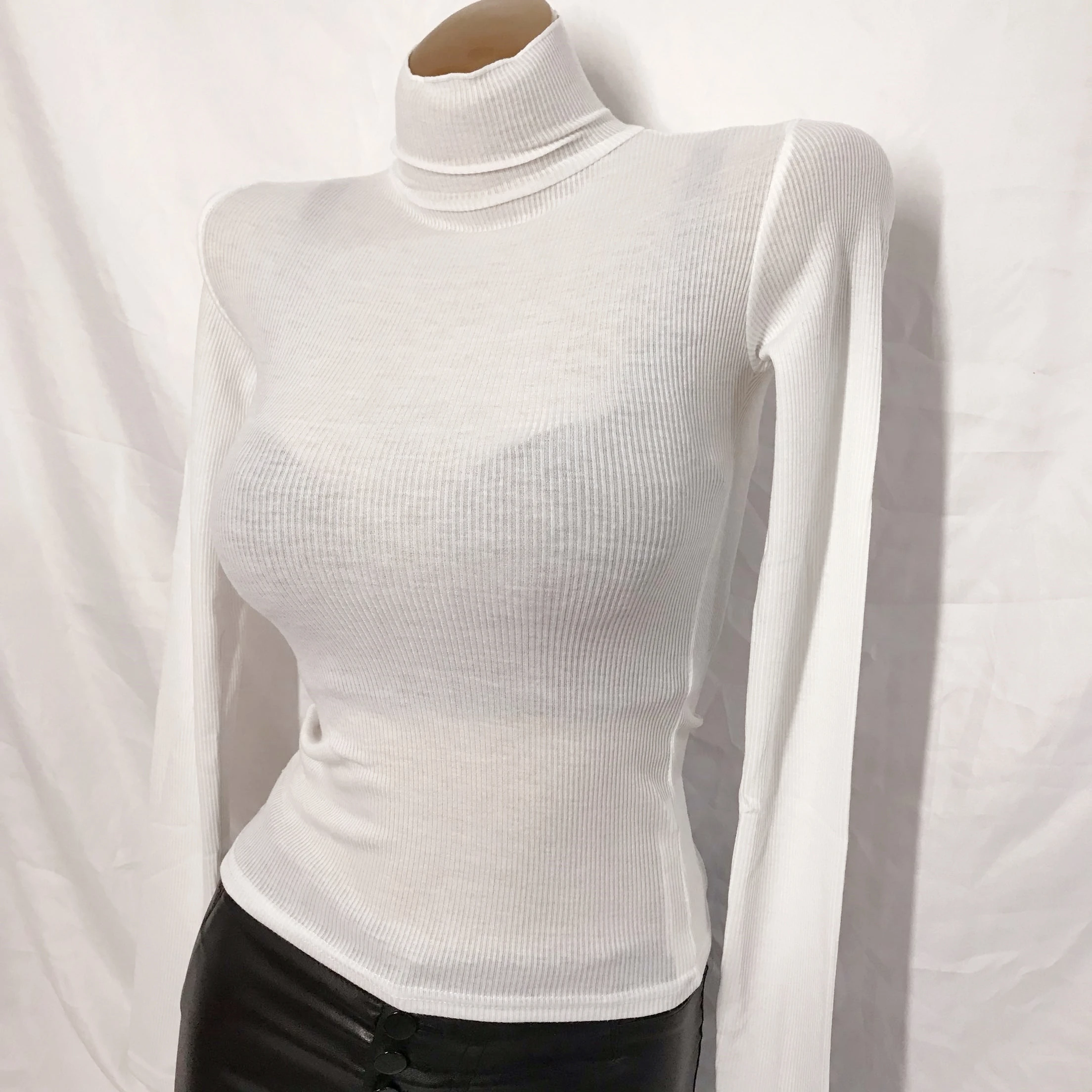 

Very Spicy Sexy Half Transparent Chest High Collar Knitted Sweater INS Famous Model Cotton Long Sleeve Slim Fit Sweet Style