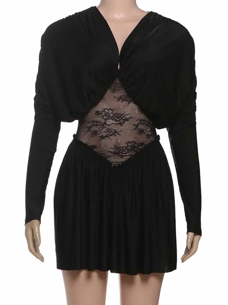 BKQU pure dentelle Patchwork Sexy Mini robe femme moulante col en v froncé à manches longues minuit anniversaire élégant robe de soirée robes