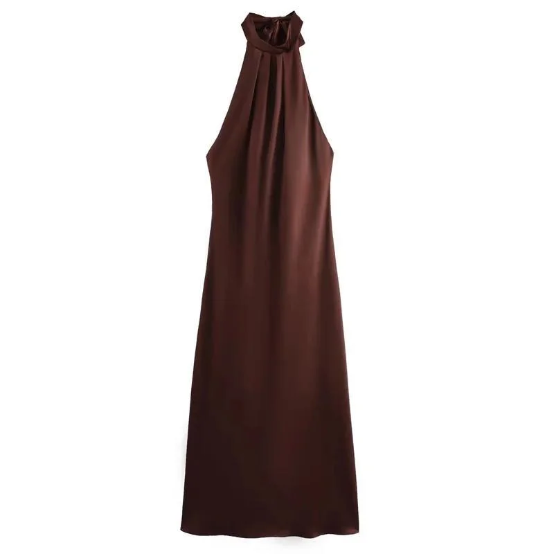 Vestido largo elegante de satén con cuello Halter para mujer, vestido Midi ajustado marrón con espalda descubierta atado, vestidos de fiesta con hombros descubiertos, vestido de fiesta de noche plisado