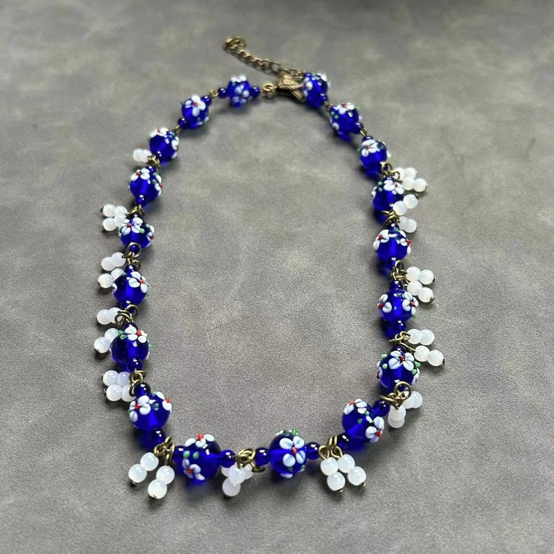 Vintage Flower Blue Colored Glaze Glass Beaded Short Choker Necklace Personalized Floral Beads Earrings Handcrafted Jewelry Gift