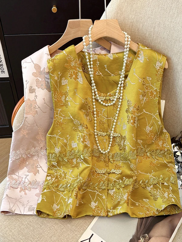 

New Chinese Sle National Trend Beaded Vest Women's Spring Autumn High-End Retro Layering Svel oulder Pad Chui Gan