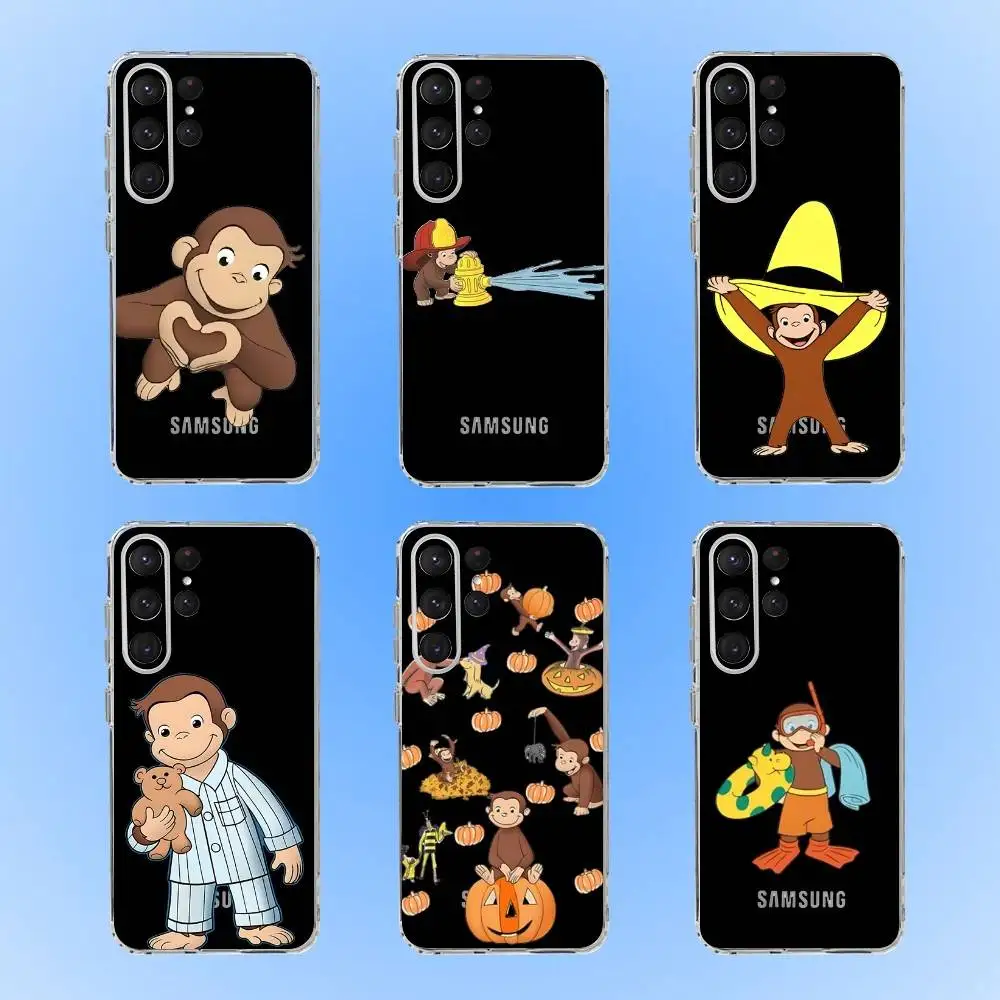 

Curious G-George Monkey Phone Case For Samsung S24,30,21,22,23,20 FE,lite,PIus,Ultra,5G,Note,9,10 Transparent Cover