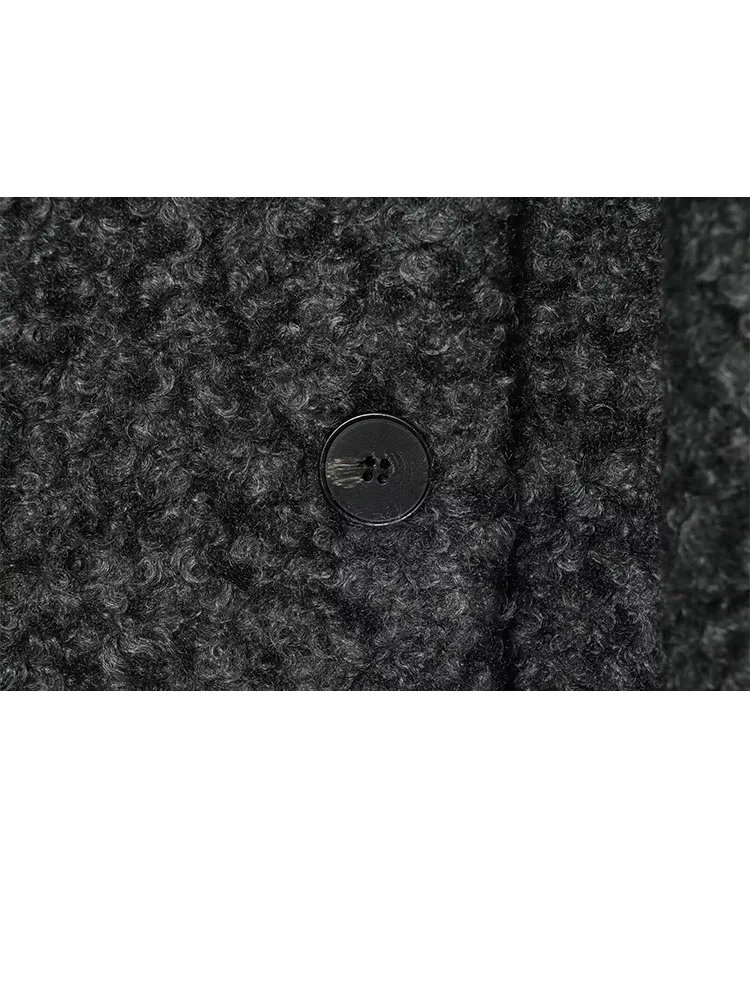 HH المرأة Bouclé وشاح من القماش طوق واحدة الصدر عادية كم طويل فضفاض معطف قصير الخريف موضة الصلبة نمط الشارع معطف