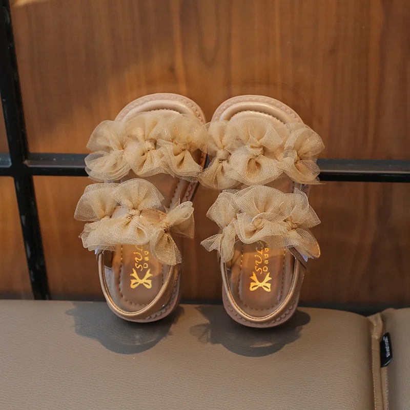 Girls Sandals Summer New Children Princess Causal Dress Sandals Fashion Open-toe Lace Bowtie Kids Flat Sandals for Wedding Party