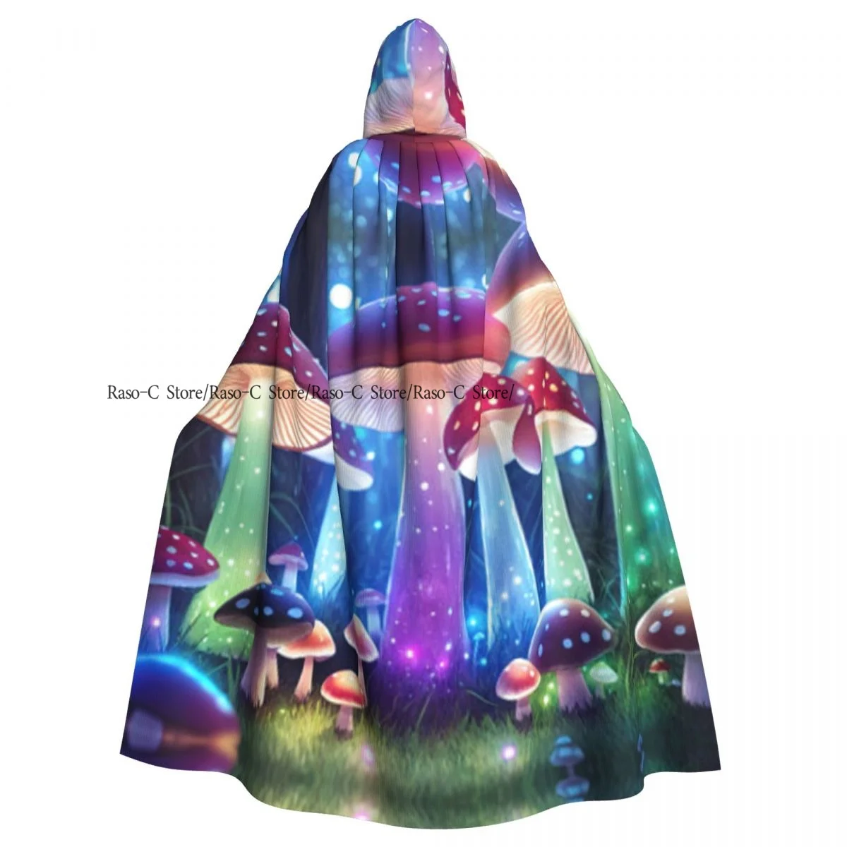 Magic Neon Mushroom Family In Forest Hooded Cloak Polyester Unisex Witch Cape Costume Accessory