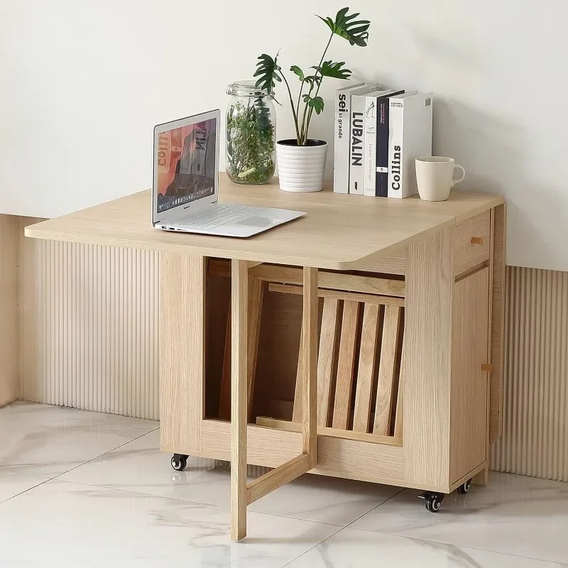 Extendable Drop Leaf Folding Dining Table with 2 Drawers and 4 Wheels Farmhouse Space Saving Table in Wood Color