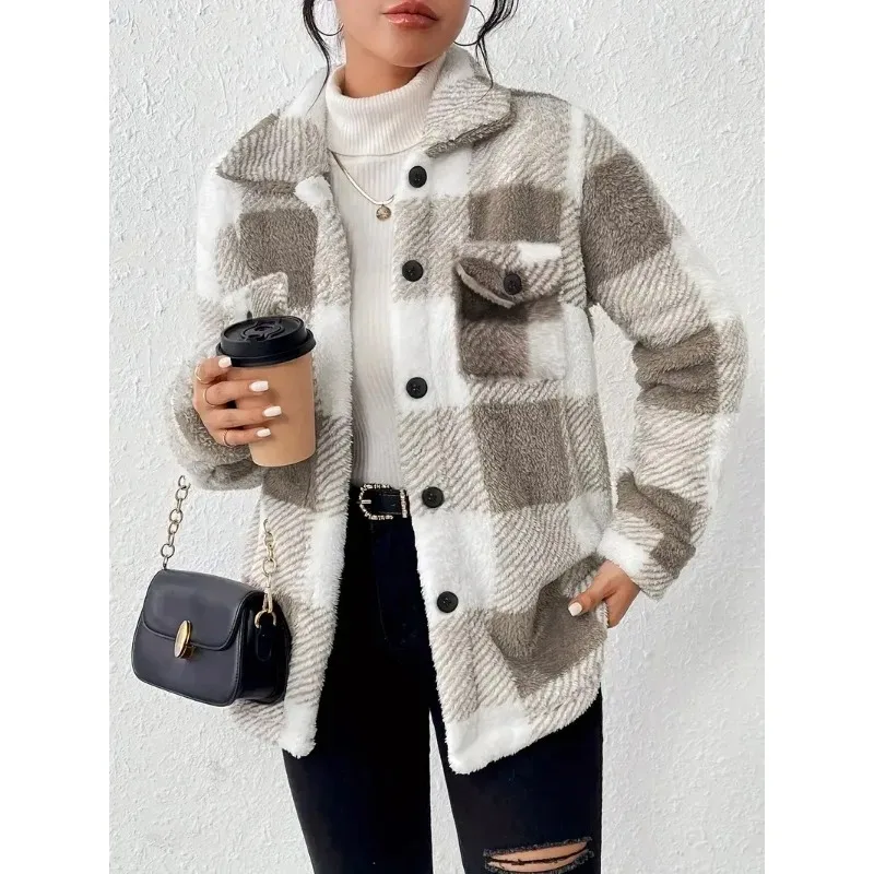 

New autumn and winter plaid lamb wool jacket with pocket button plush women's coat